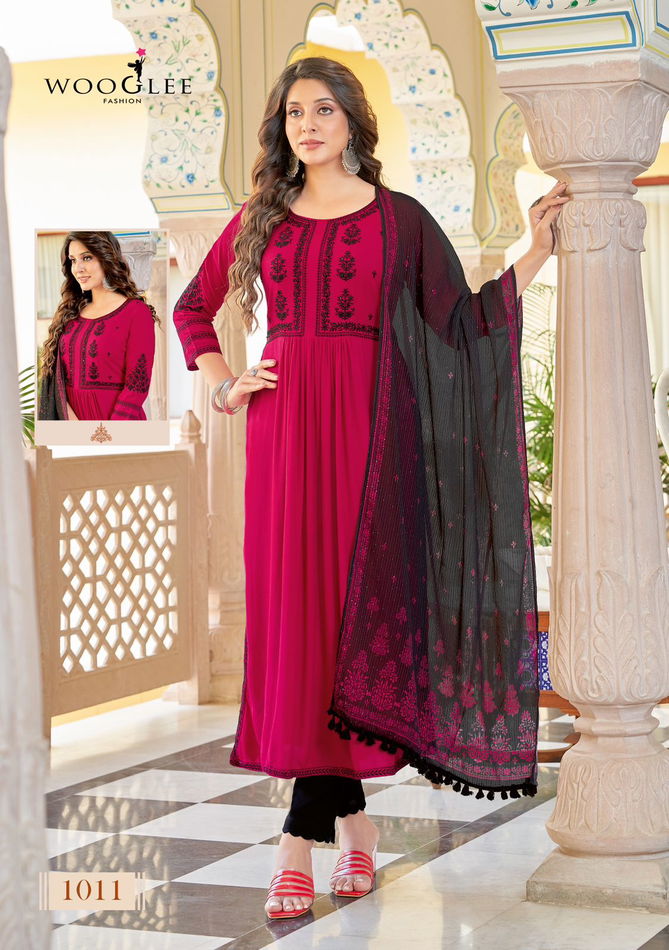 Wooglee Rutba Rayon Naira Cut Kurti With Bottom Dupatta
